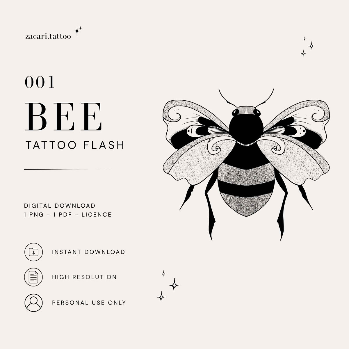 Fine Line Bee Tattoo – Digital Tattoo Flash Design | 001_Bee
